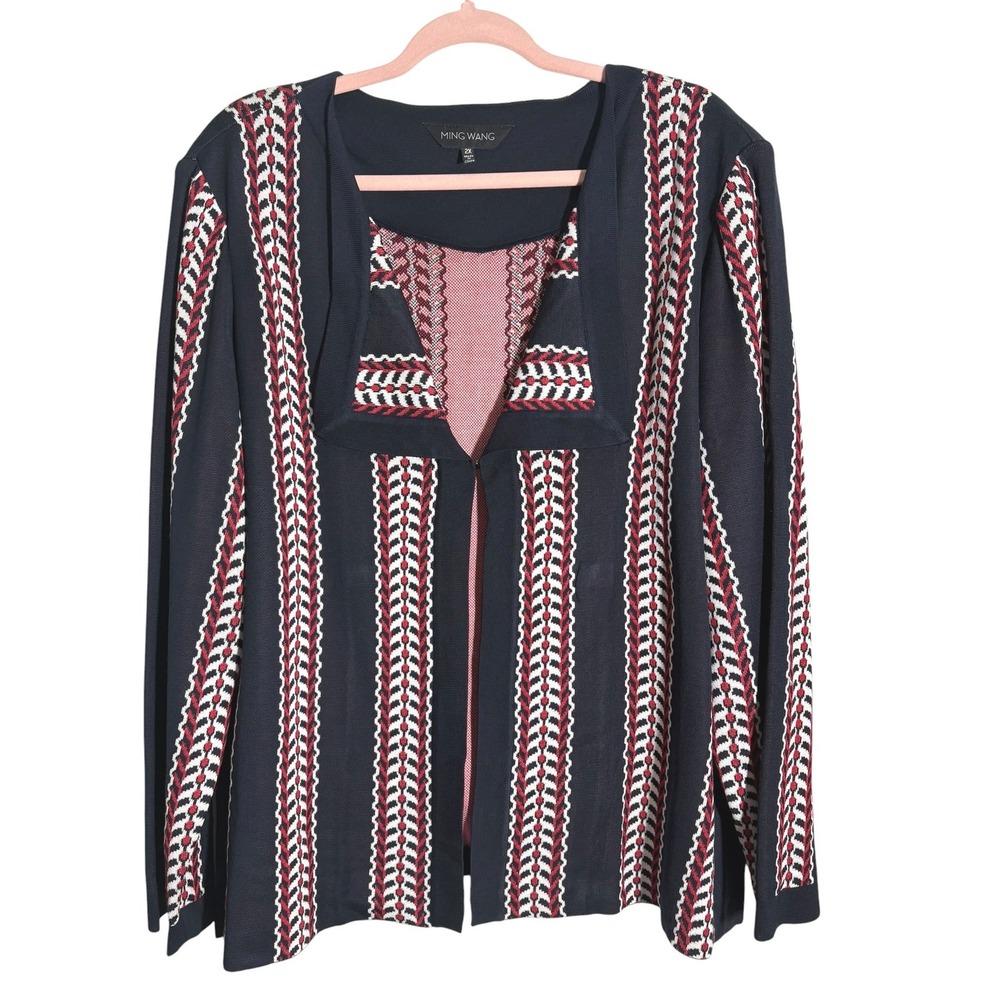 Ming Wang 2x Cardigan Jacket Sweater Navy with Stripes‎